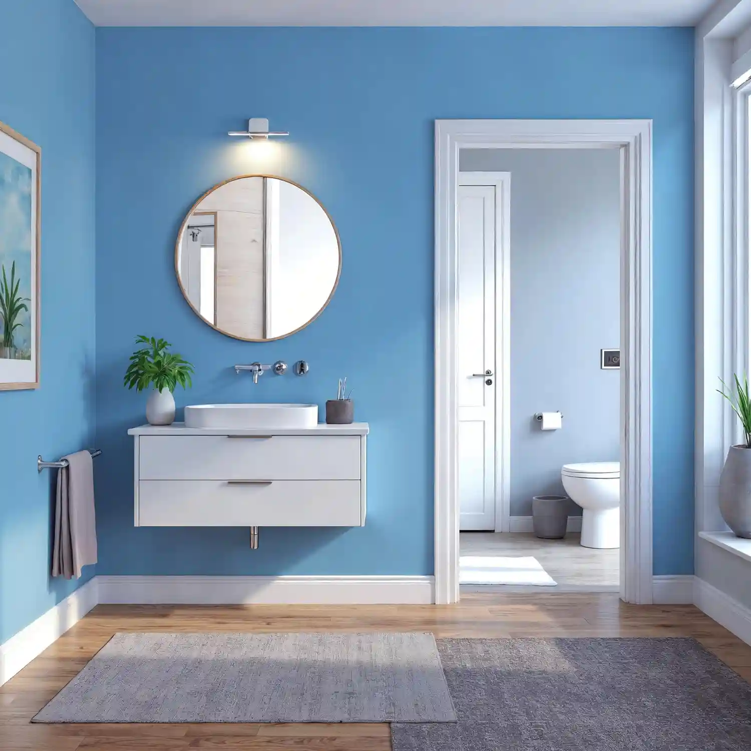 Powder blue walls painted top to bottom with white trim, oak stool, and a rattan basket for warmth
