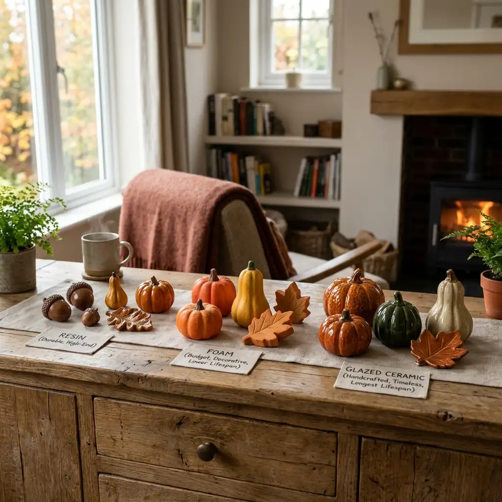 Row of autumn objects in resin, foam and glazed ceramic arranged to compare quality and lifespan