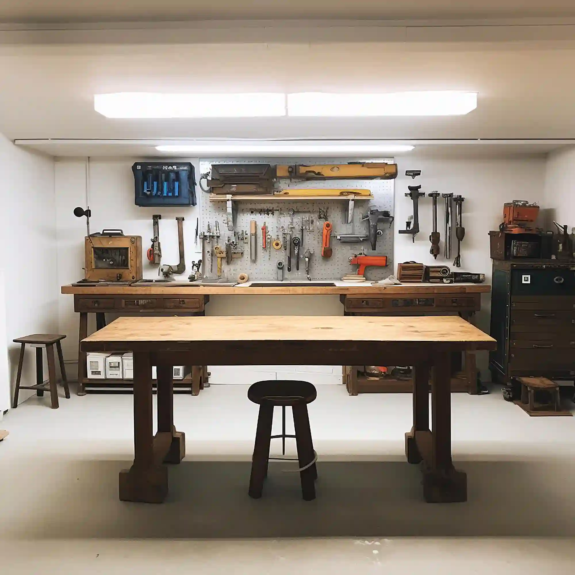 Fold-down project staging table with a rubber cutting mat, set lower than the main workbench