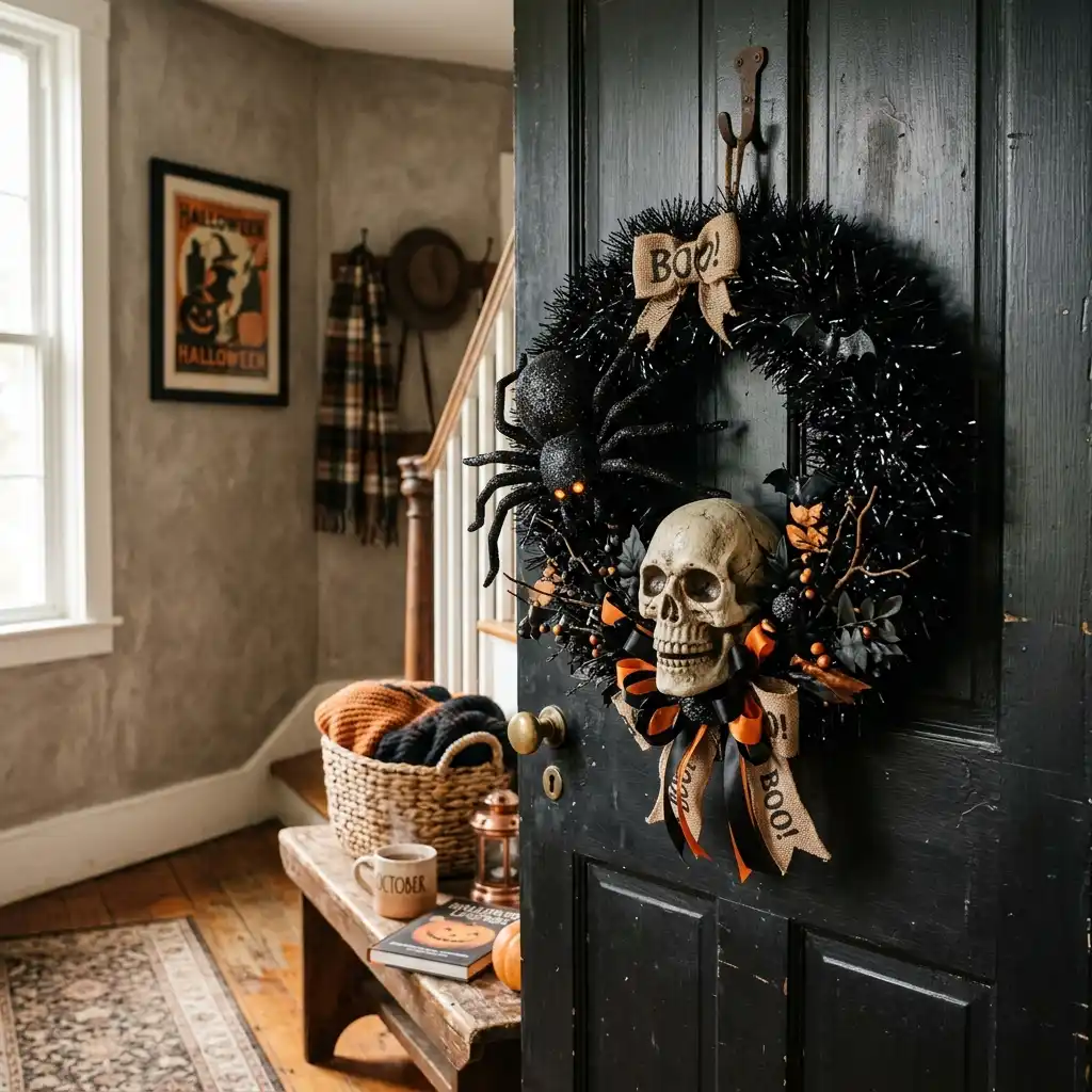 Novelty Halloween wreath with a glitter spider and foam skull mounted on a black tinsel ring