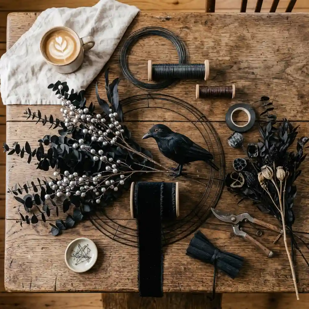 Flat lay of Halloween wreath materials including black eucalyptus, silver berries, velvet ribbon and a plastic prop