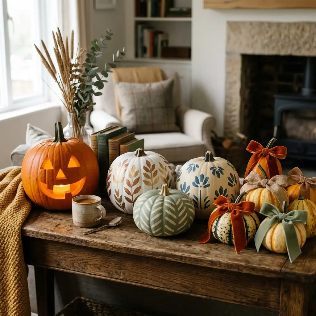 Pumpkin decorating ideas grouped together showing a carved lantern, painted pumpkins and ribbon-trimmed gourds