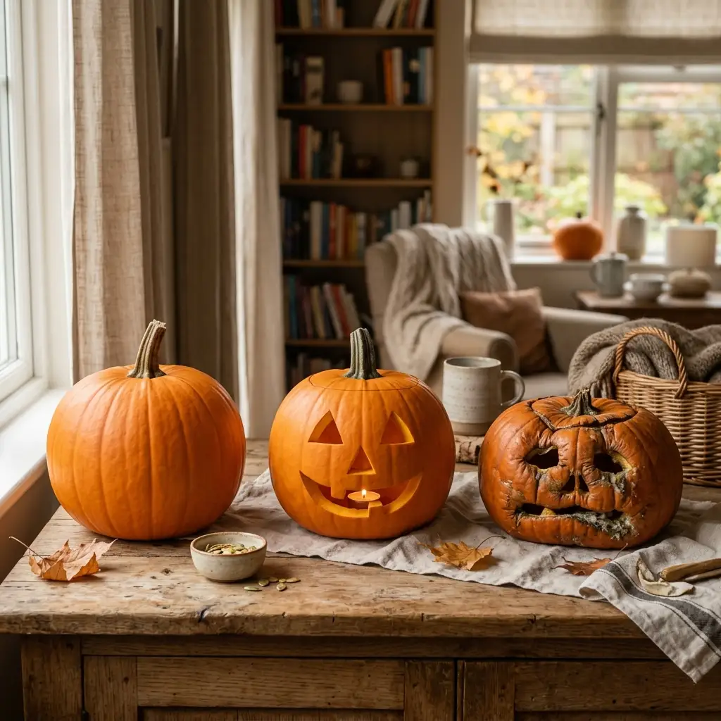 Three pumpkins showing different stages, from a fresh whole pumpkin to a softening carved one