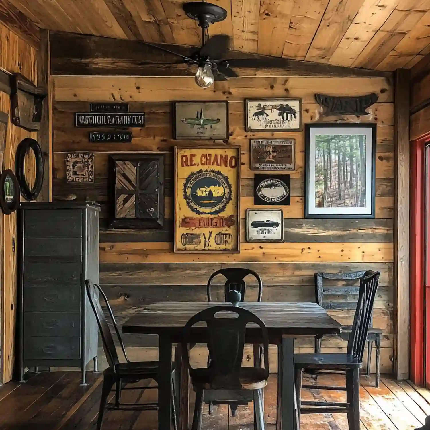 Reclaimed barn wood accent wall behind a wall-mounted TV in a rustic man cave