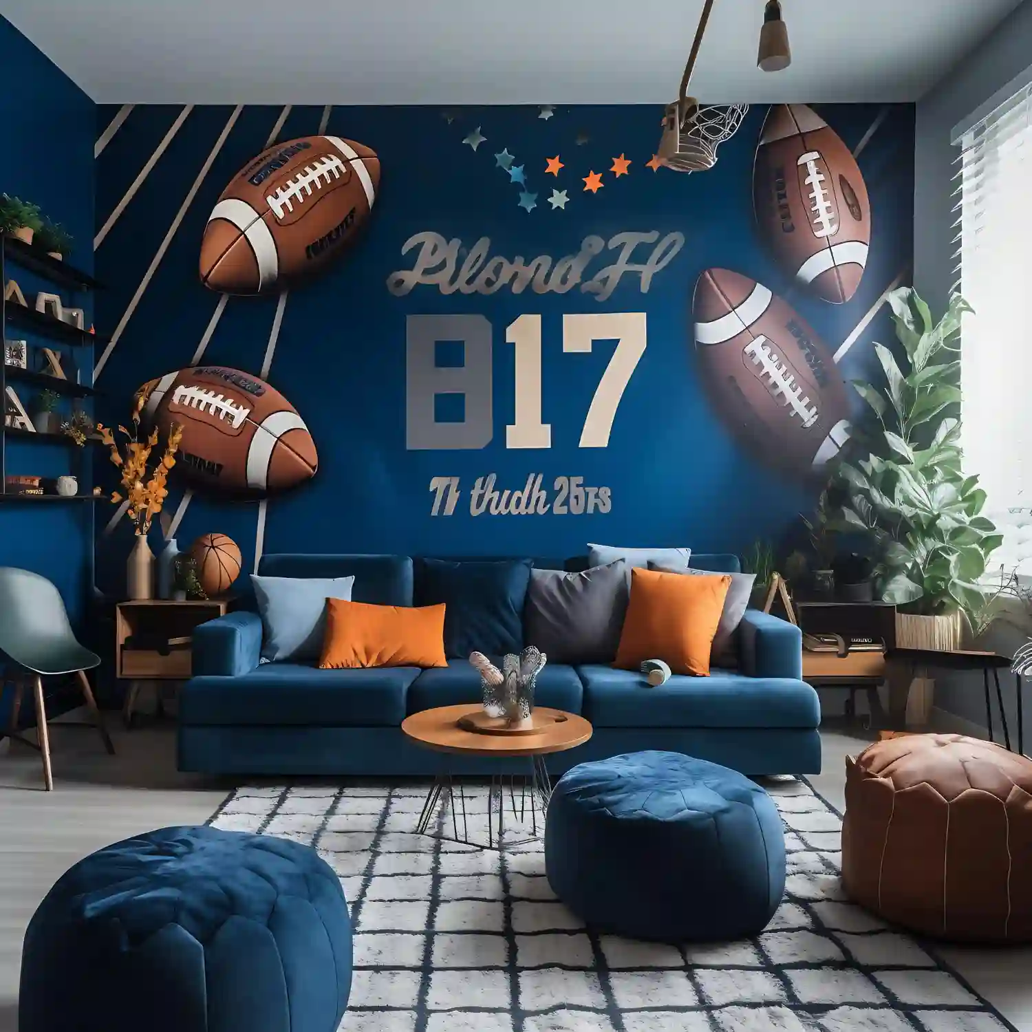 Reclaimed wood accent wall behind a leather sofa in a rustic man cave