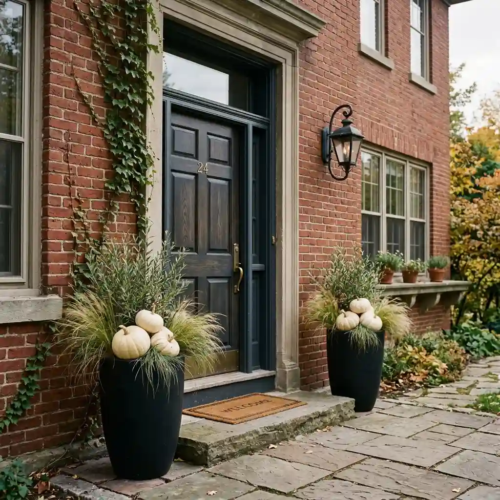 Olive grasses and cream pumpkins in matte black planters flanking a door on a red brick facade