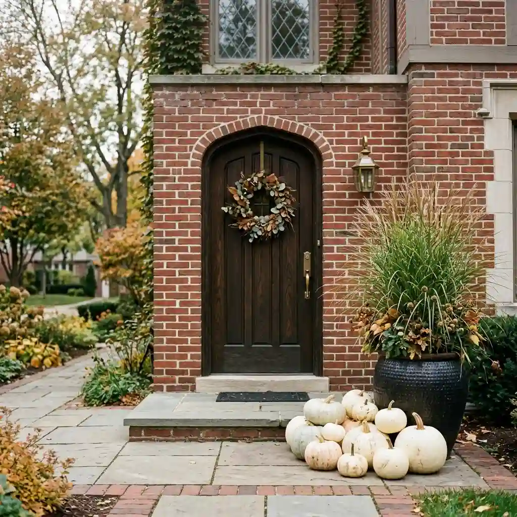 Red brick entry with white and cream pumpkins grouped beside a dark planter of ornamental grass