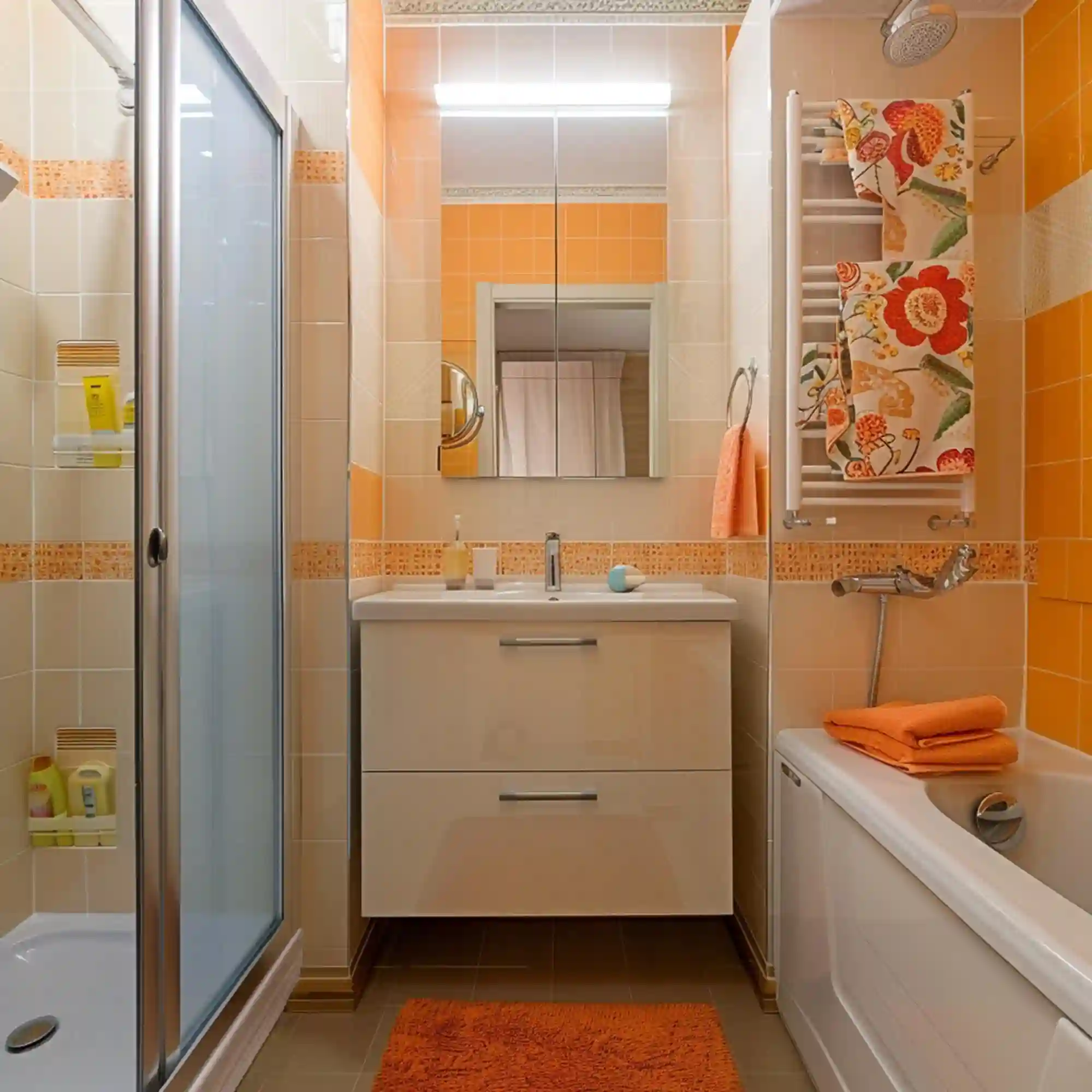 Builder-grade rental bathroom with beige tile, bare mirror, and plain overhead lighting before a renter-friendly refresh