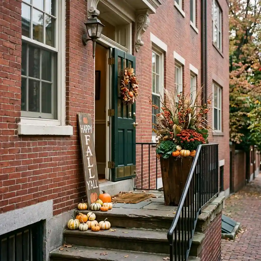 Narrow brick front stoop with a leaning Happy Fall Y'all sign, a tall planter of berries and kale, and mini pumpkins on the steps