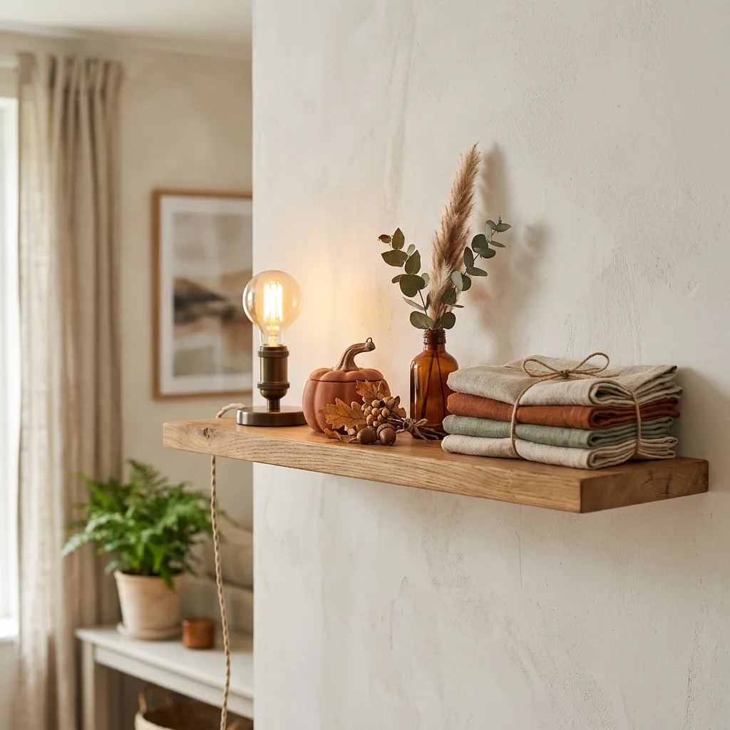 Simple rental shelf styled with three small autumn objects, a warm bulb lamp and a stack of linen napkins