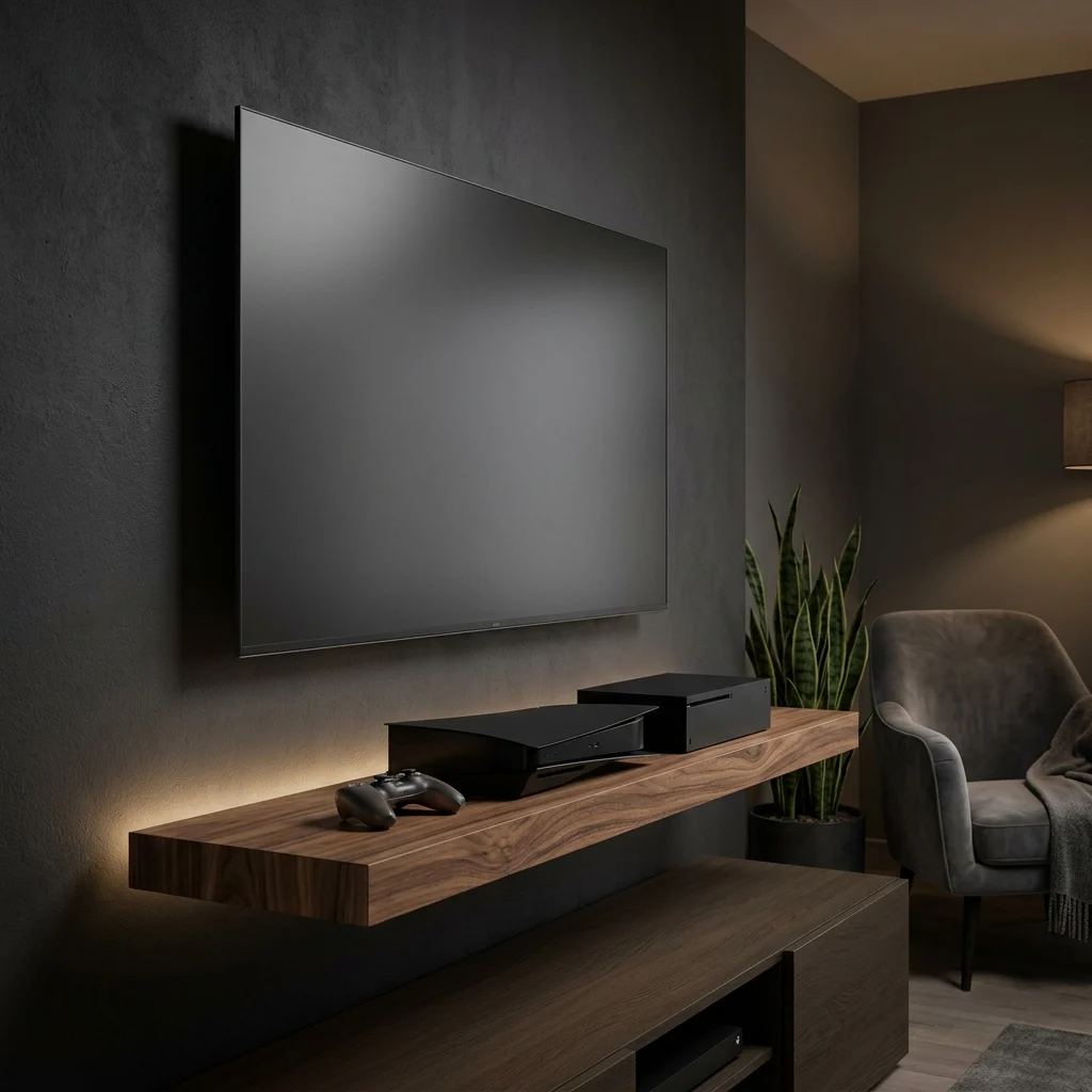 Dark grey media wall with a mounted TV, a warm LED backlight behind a floating walnut shelf and two consoles