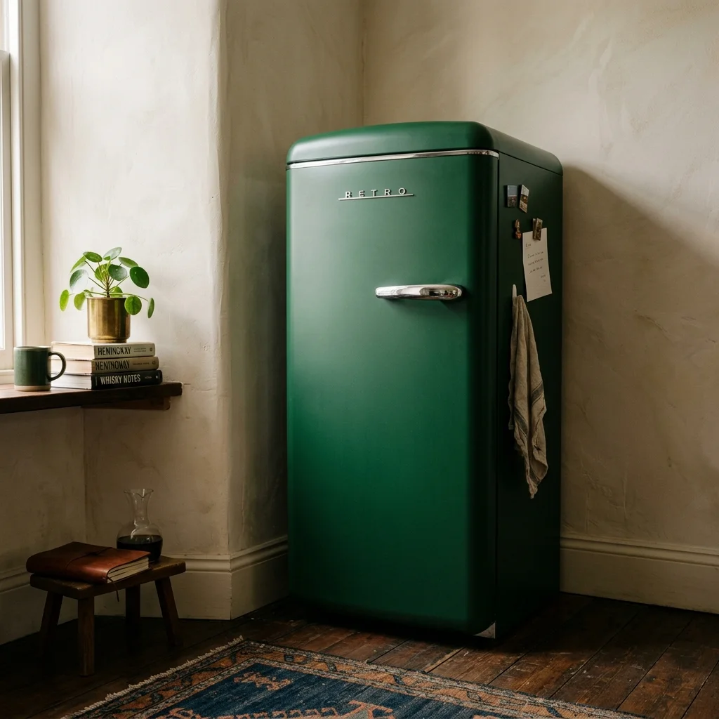 Rounded retro fridge in forest green with a chrome handle standing in a plain corner