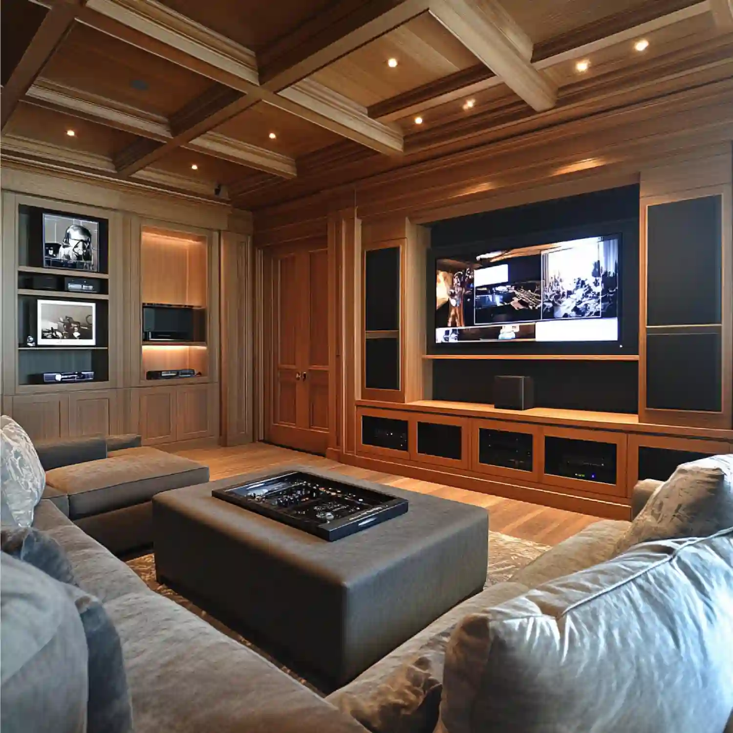 Existing television centered over a secondhand walnut console with compact sofa positioned away from window glare