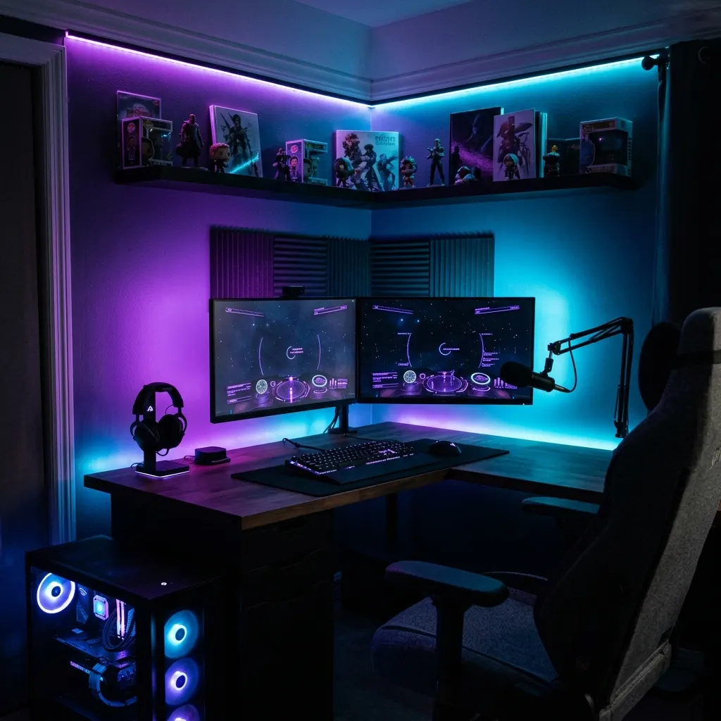 Gaming corner washed in purple and blue color-changing RGB strip light along the walls