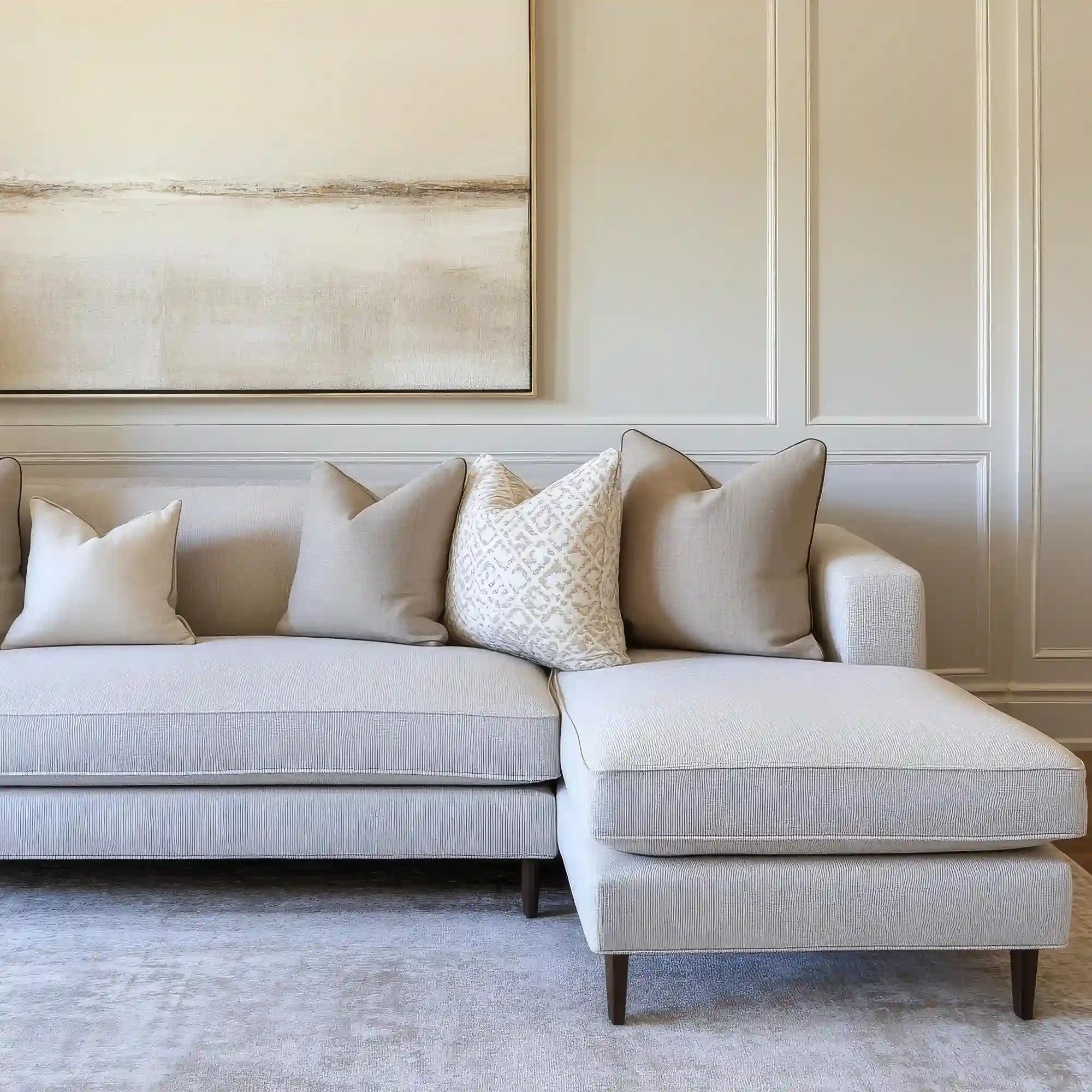 Right-scaled sofa and coffee table on visible legs in a compact apartment living area