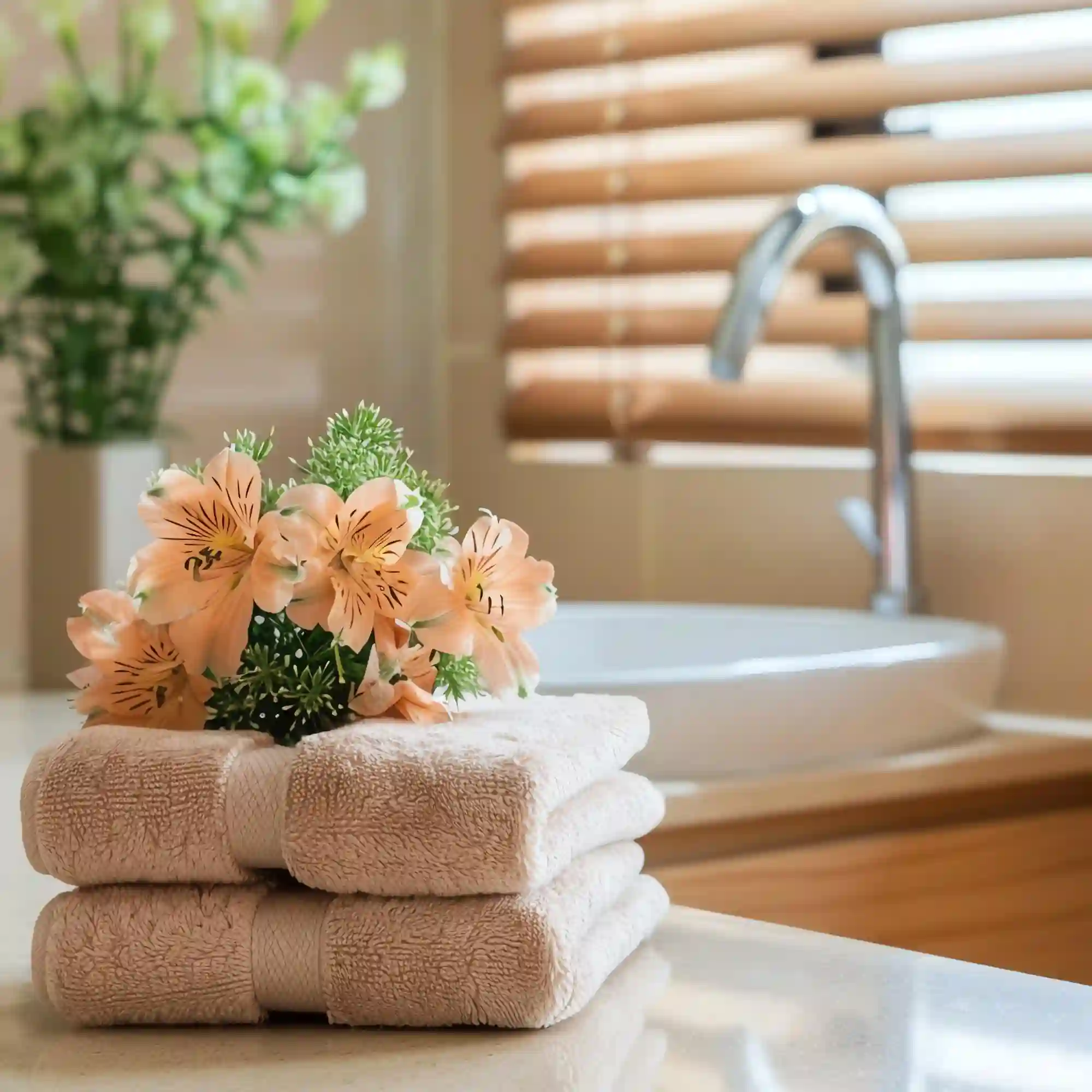 Rolled white bath towels stacked on open shelving beside a brass towel ring in a guest bathroom