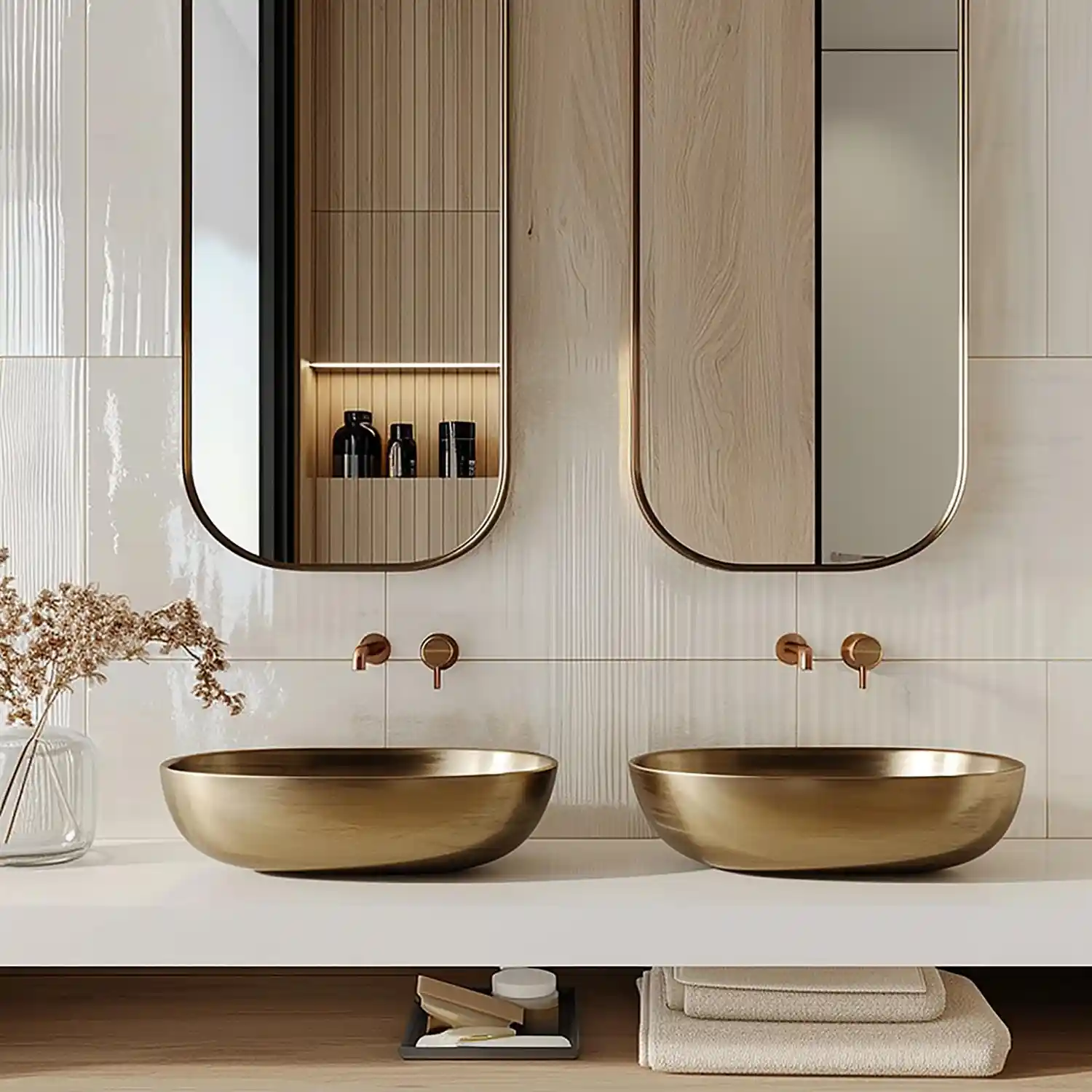 Two matching round brushed brass mirrors over a double vanity with white basins and warm lighting