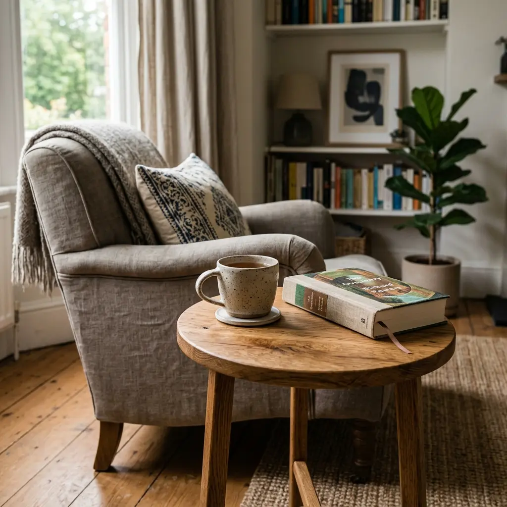 Small round oak side table beside an armchair holding a stoneware mug and a hardcover book
