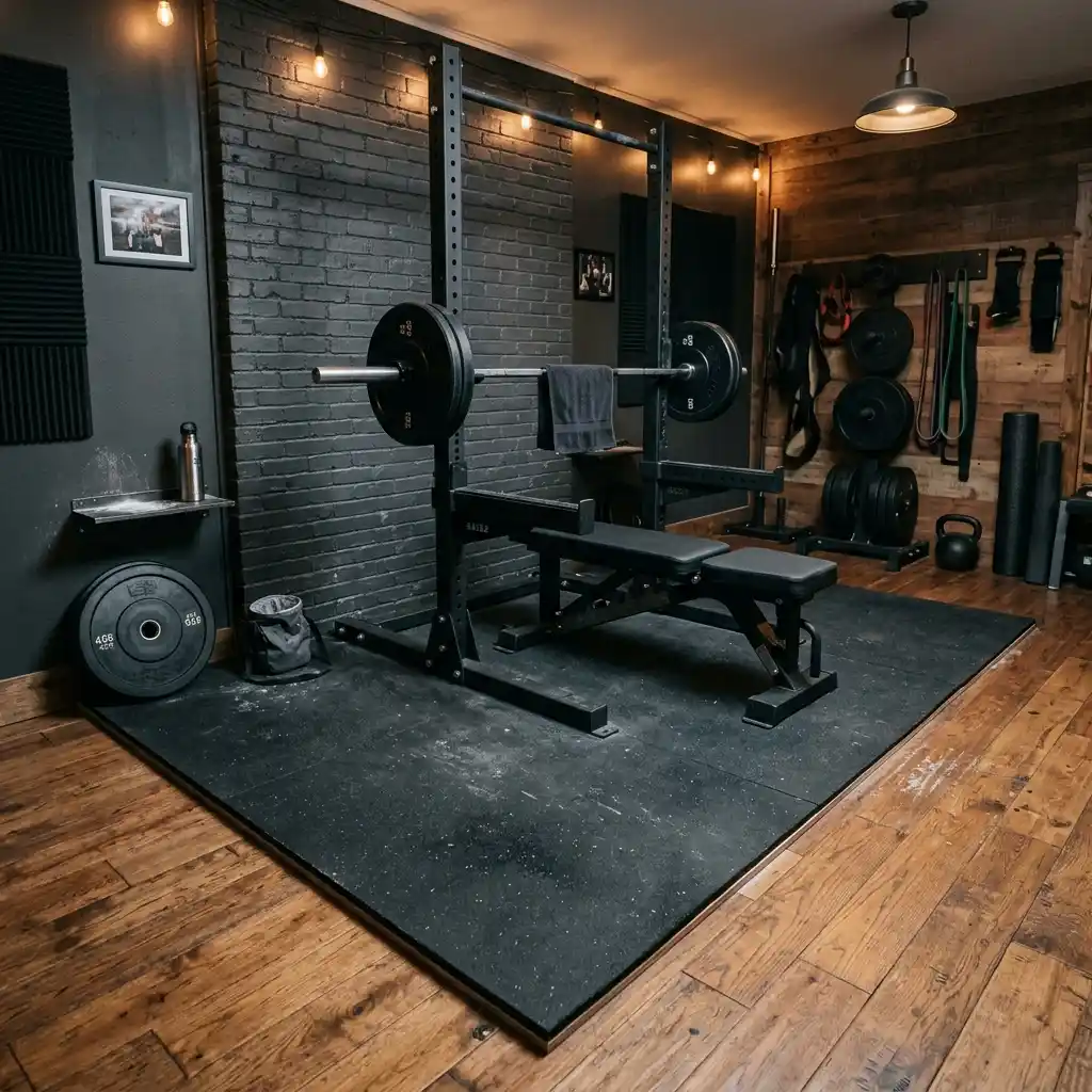Black rubber lifting platform in the corner of a man cave gym with a rack, bench, and plank floor