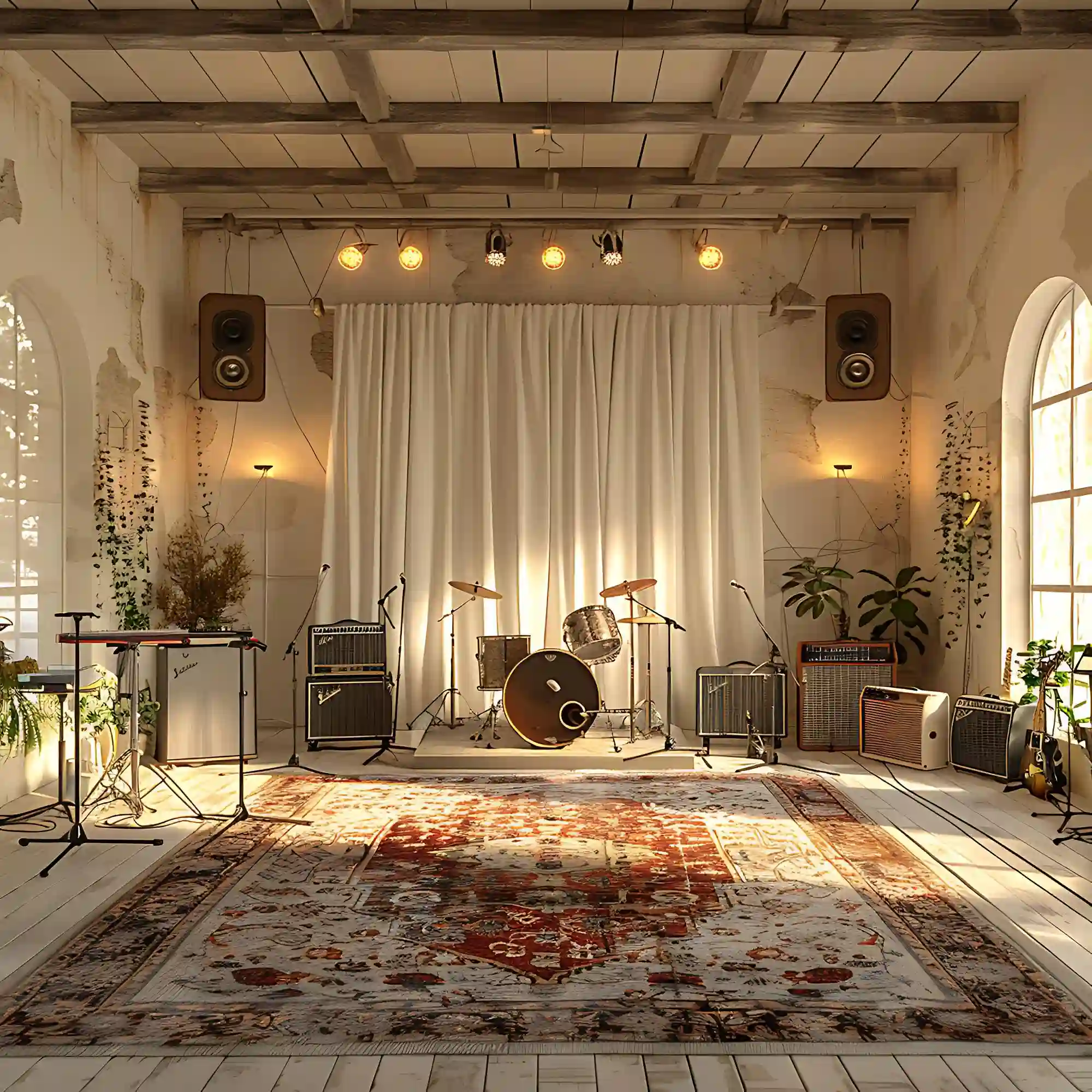 Terracotta wool rug and heavy charcoal curtains layered in a home music room for sound softening