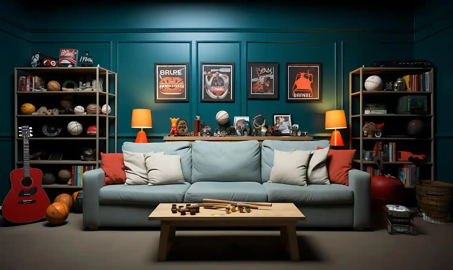 Cozy rustic man cave corner styled with wood shelving, a plaid throw, and warm sconce lighting