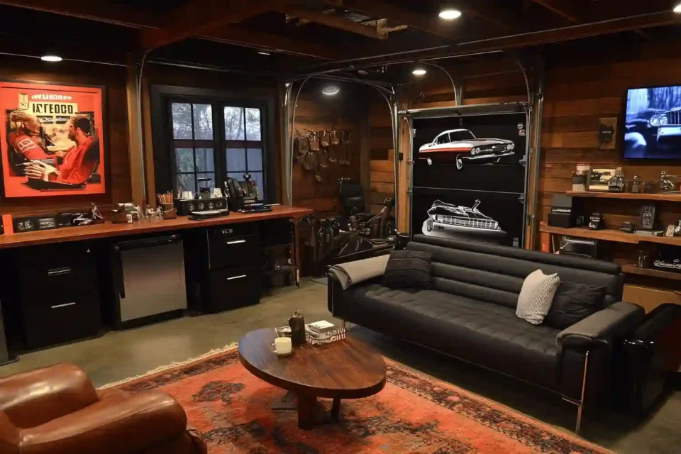 Rustic man cave with reclaimed wood accent wall, leather sofa, and warm amber lighting