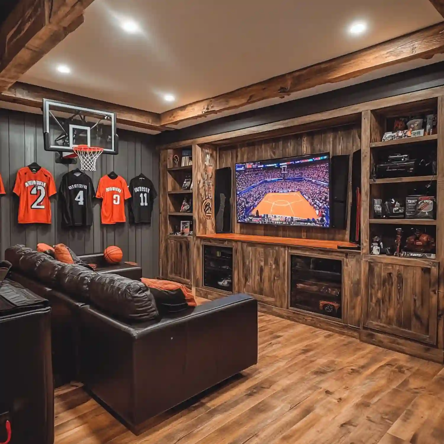 Rustic timber sports shed with cognac loveseat, charcoal rug, television, black-framed jersey, and brass floor lamp