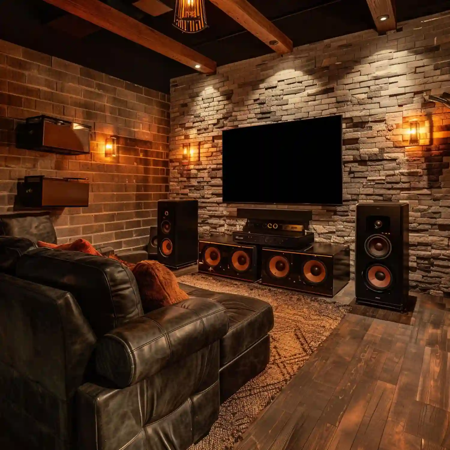 Close-up of reclaimed wood paneling and stone veneer texture in a rustic man cave