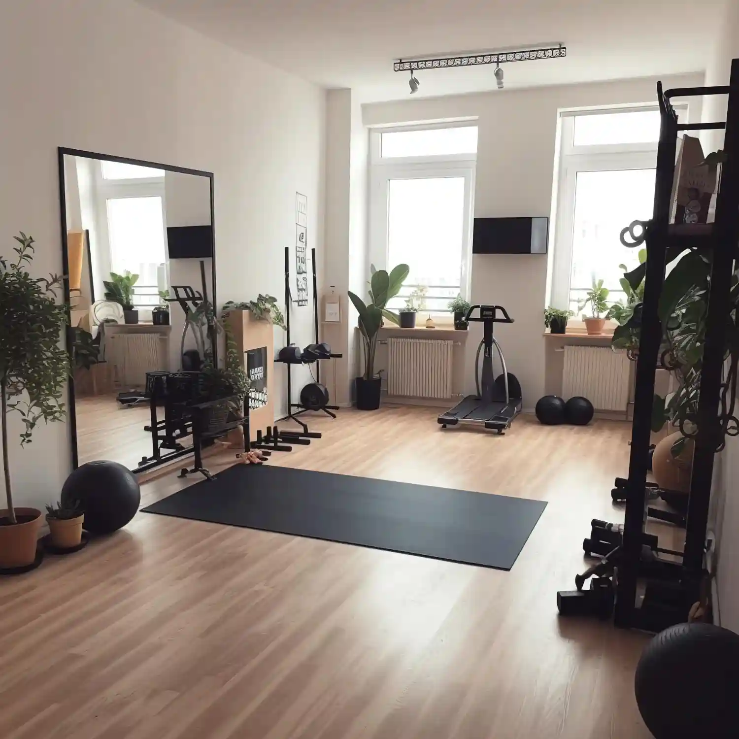 Full-length safety glass mirror wall mounted behind a squat rack in a home gym