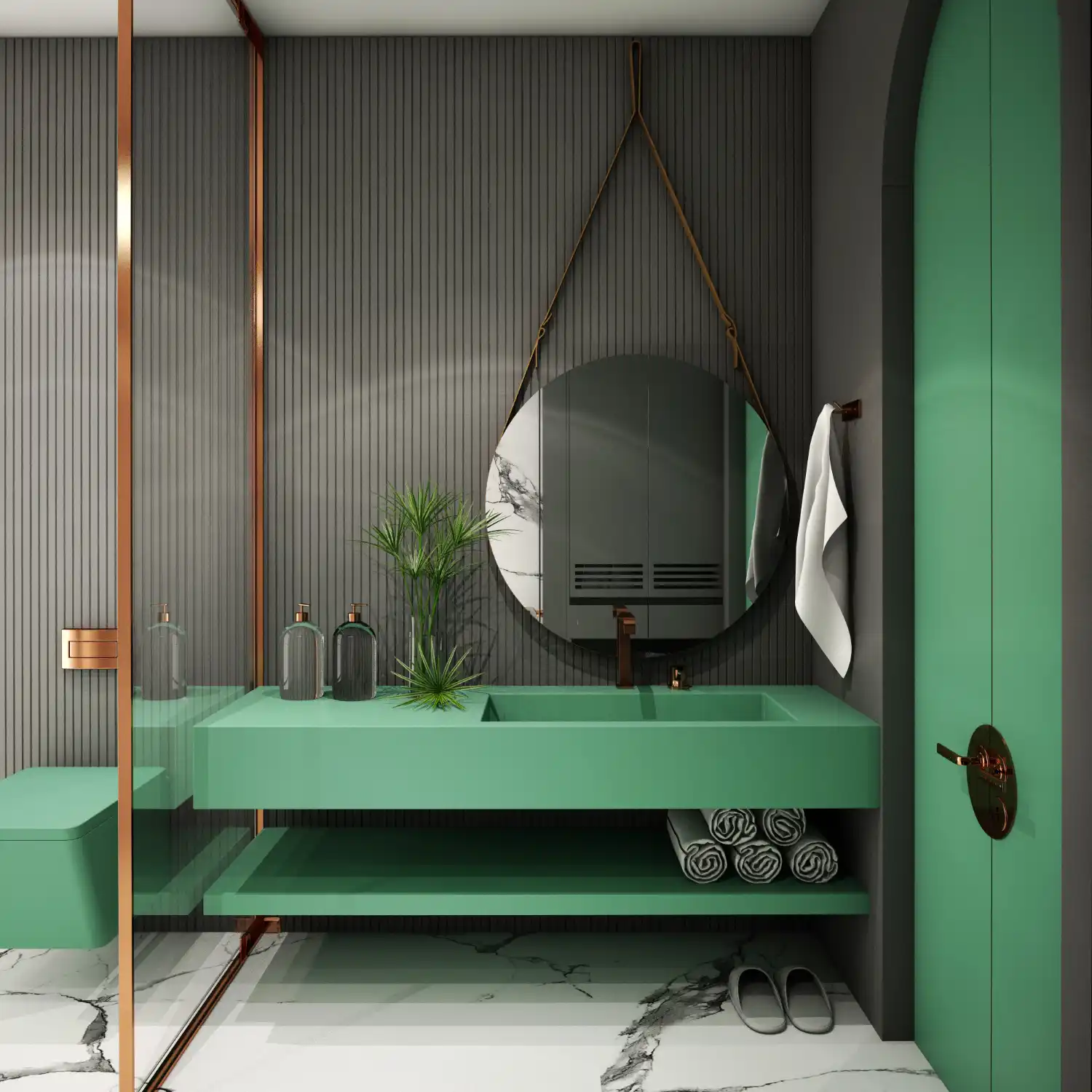 Sage green bathroom color ideas shown on a vanity with white tile, brass tap, and oak shelf