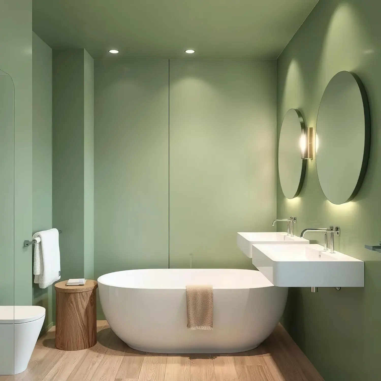 Sage green bathroom wall paint swatch beside a white vanity and brass fixtures