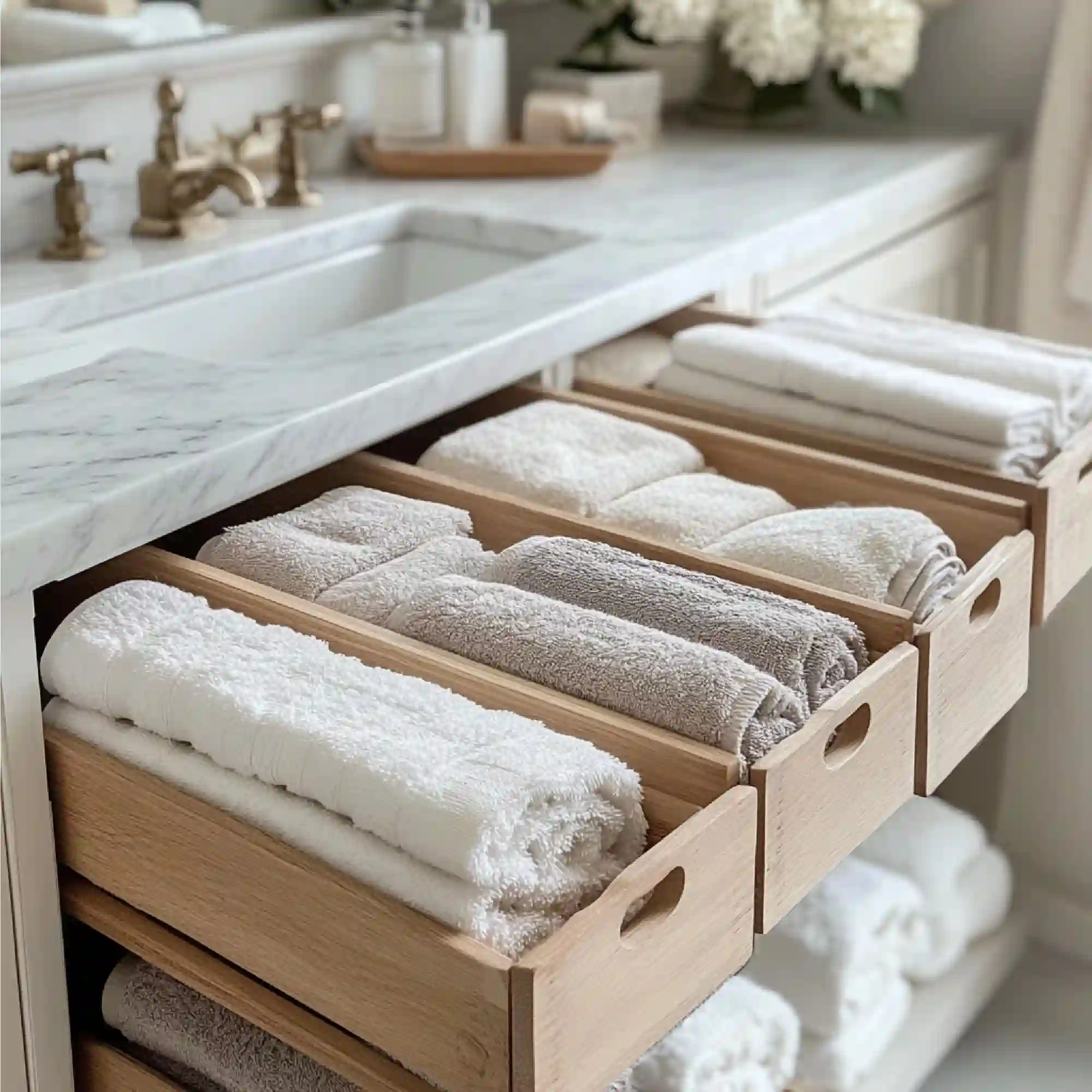 Flat lay of paint swatches, wool textile, and pale wood sample for bathroom planning