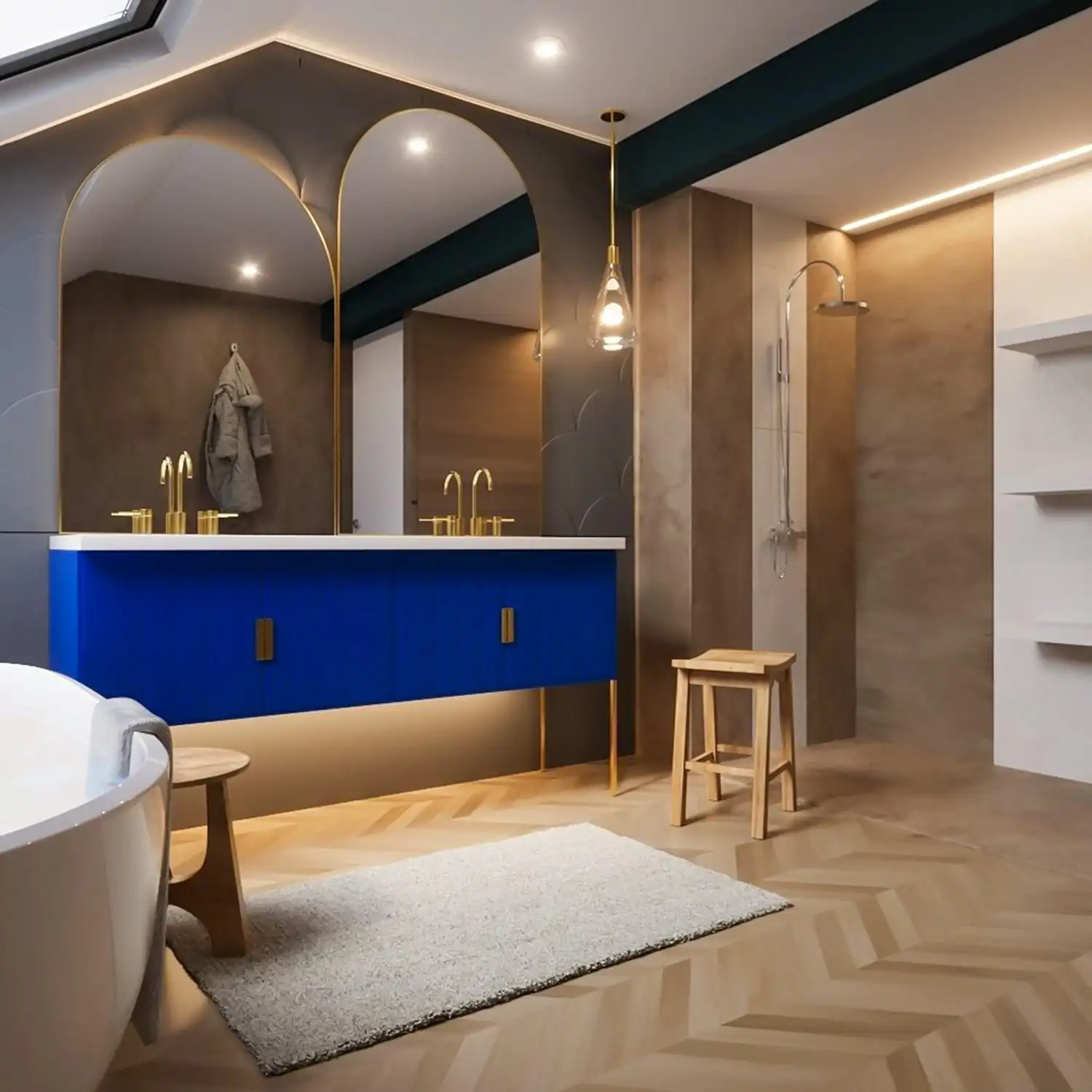 Scandinavian bathroom in white and pale ash wood with daylight, simple chrome taps, and cozy textiles