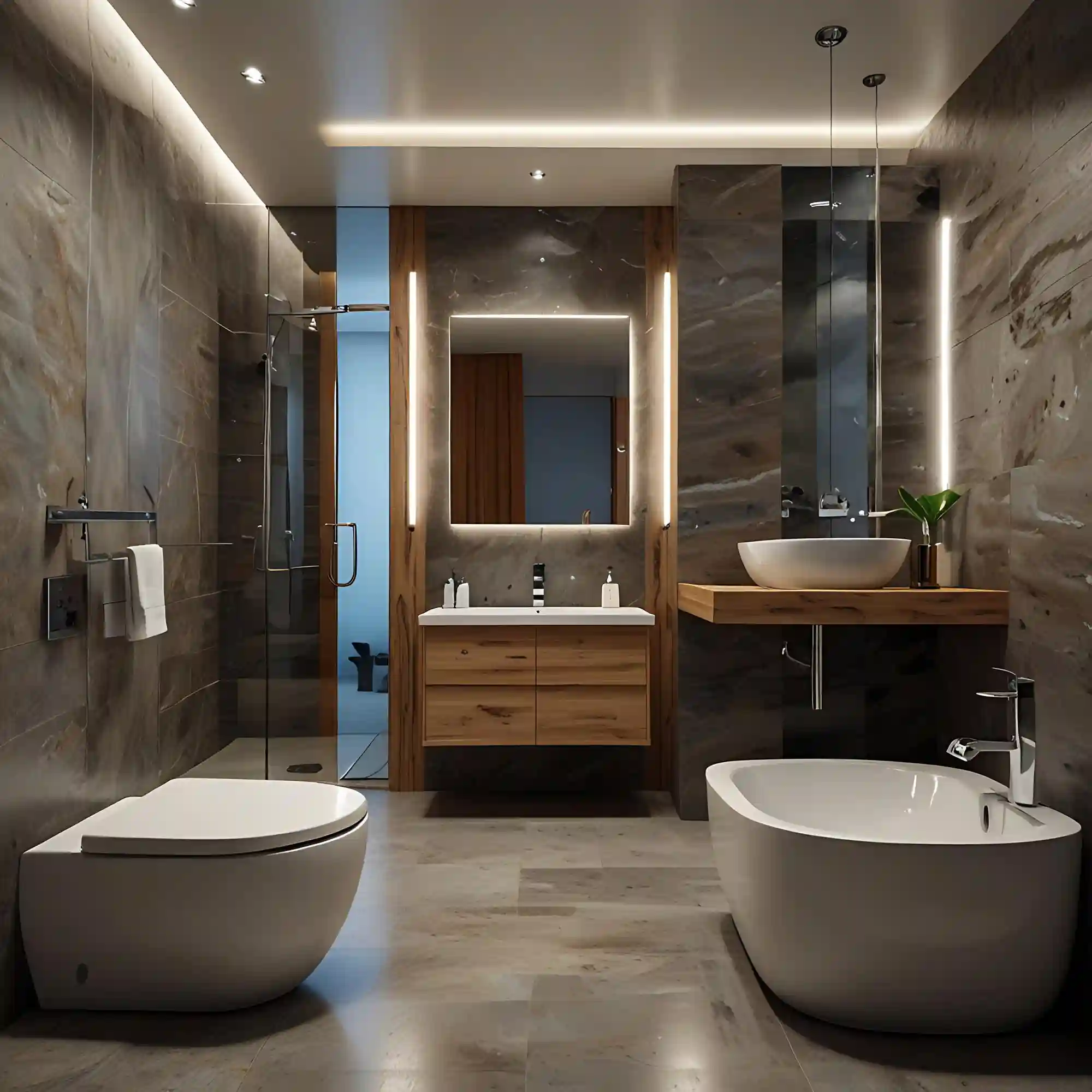 Overview of a Scandinavian bathroom with pale wood, wool textiles, and soft white walls