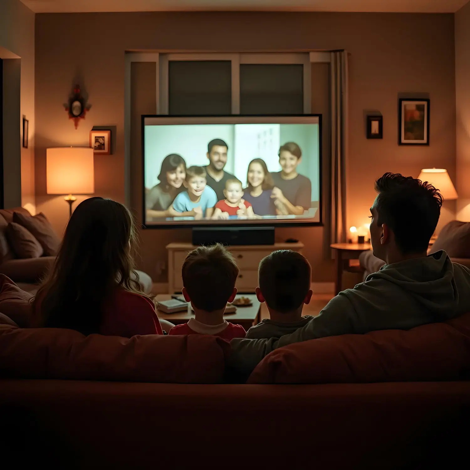 Family movie room with charcoal modular sectional, rust cushions, walnut console, patterned rug, and nesting tables