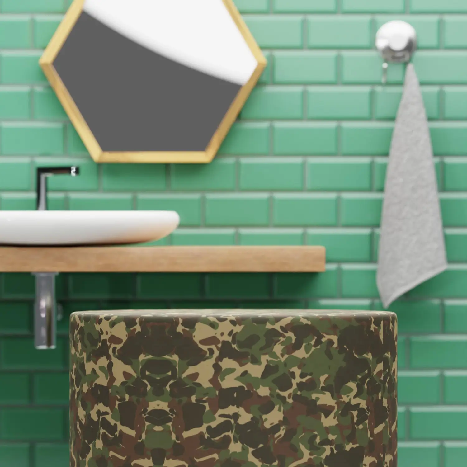 Sage green shaker bathroom vanity with recessed panel doors and brass knobs in a farmhouse bath
