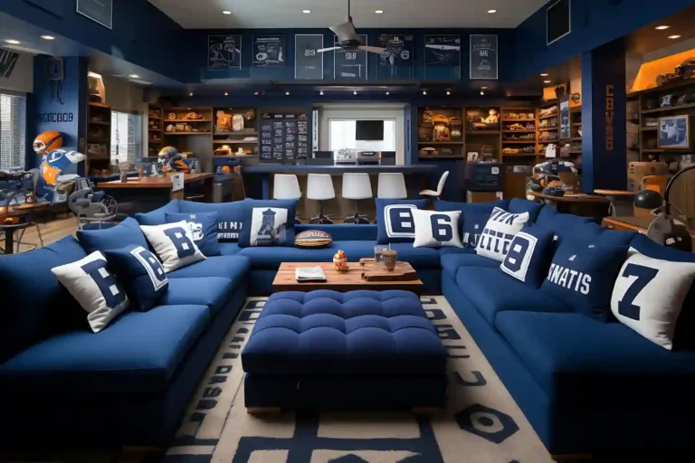 Finished backyard man cave shed with charcoal walls, cognac loveseat, walnut media console, warm lamps, and framed art