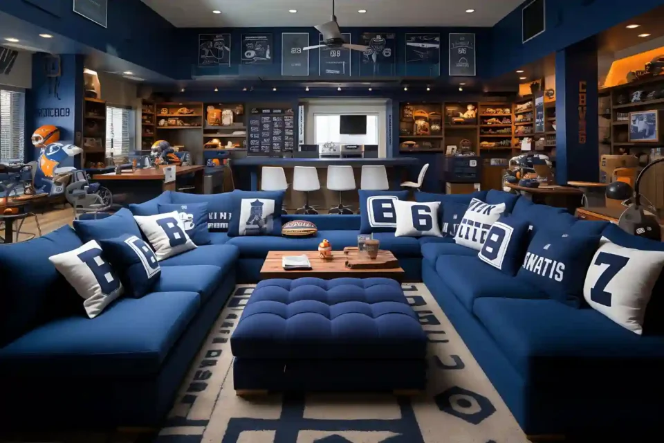 Finished backyard man cave shed with charcoal walls, cognac loveseat, walnut media console, warm lamps, and framed art