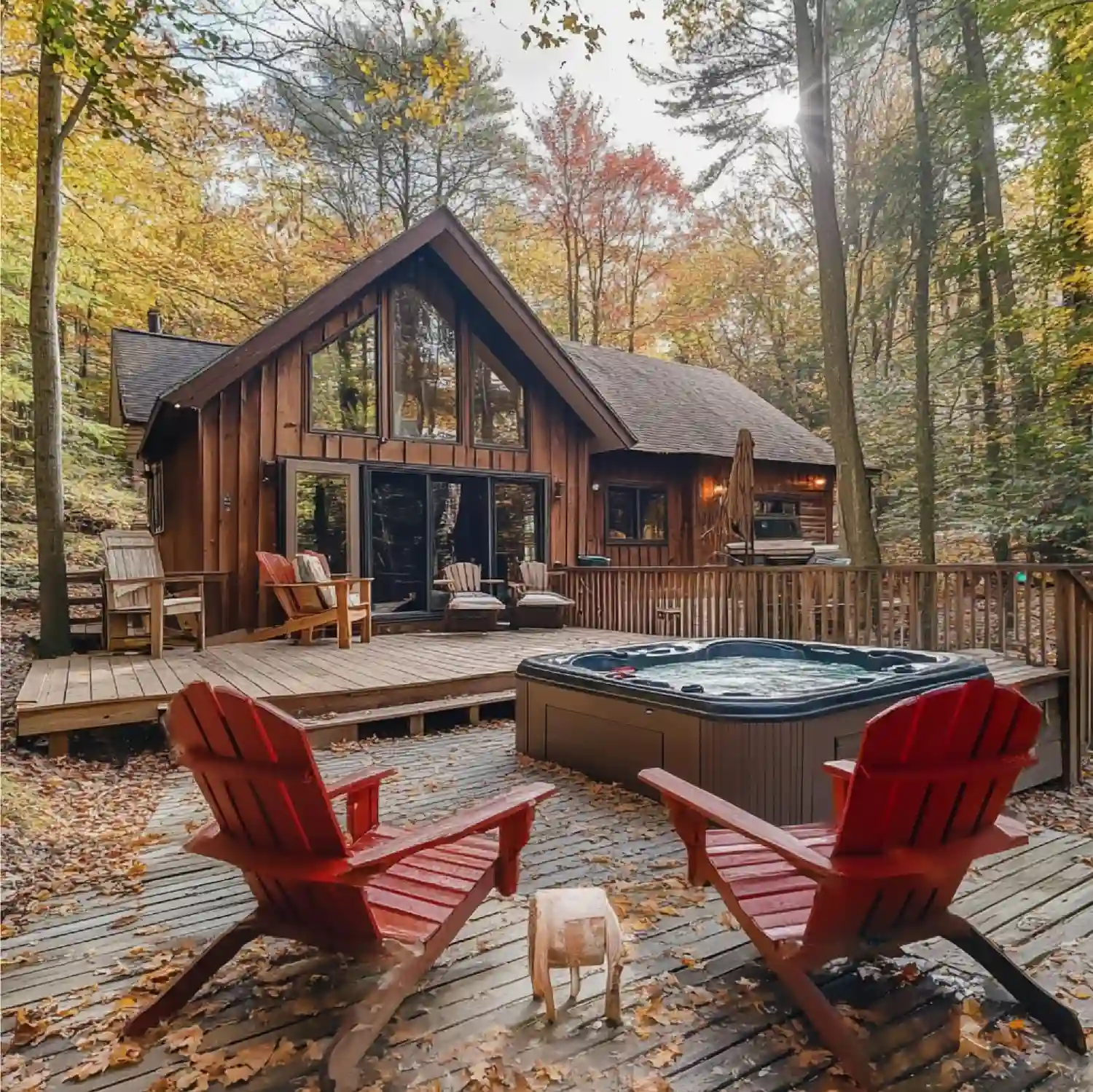 Backyard shed converted to cozy man cave with pine shiplap walls, Edison pendant lights, leather recliner, and mounted TV