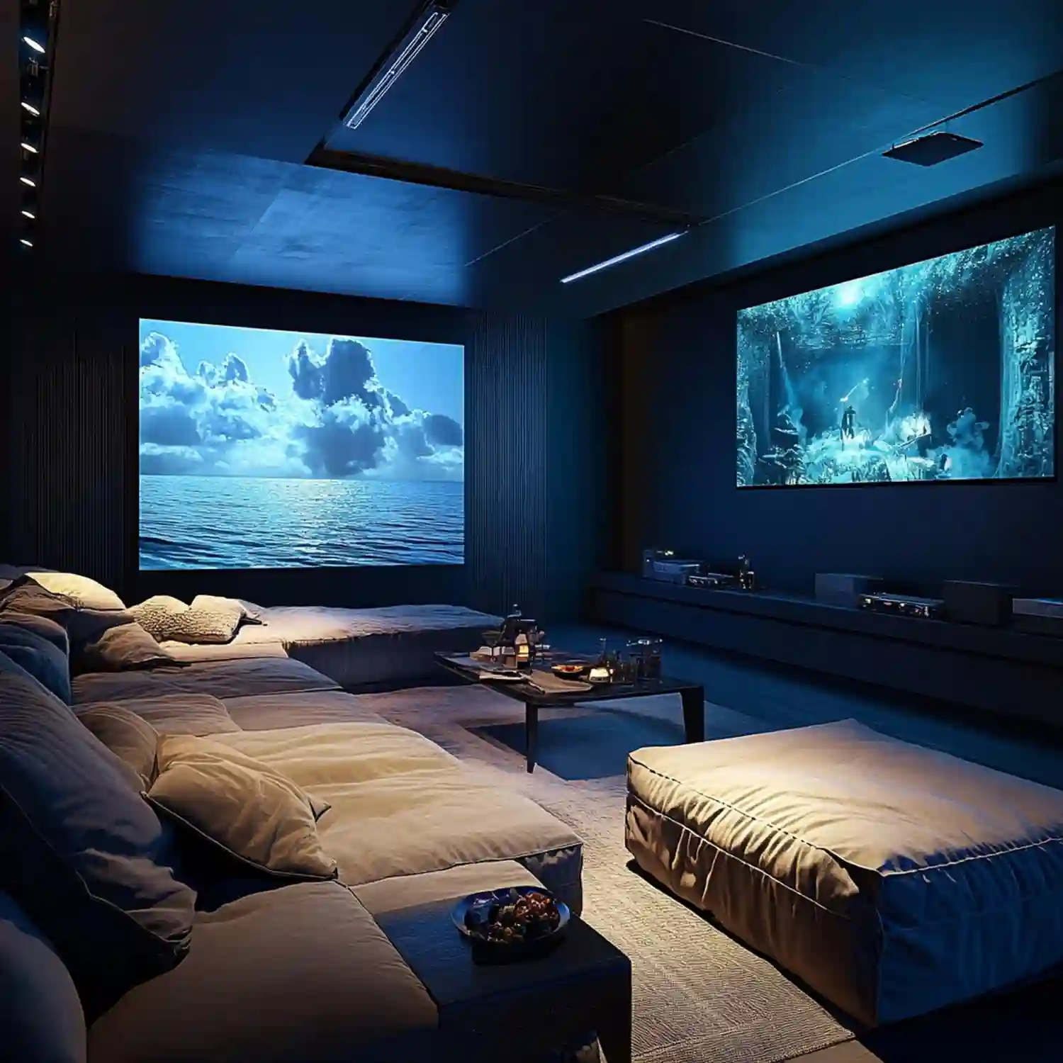 Organized garden shed lounge with compact seating, television, closed storage, rug, and layered warm lighting