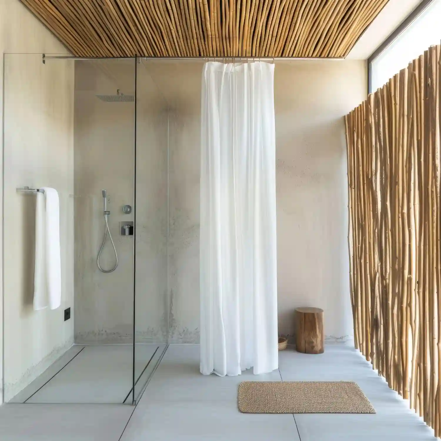 Bright bathroom with a vertical white paneled accent wall, wood vanity, and green towel for a fresh checklist look