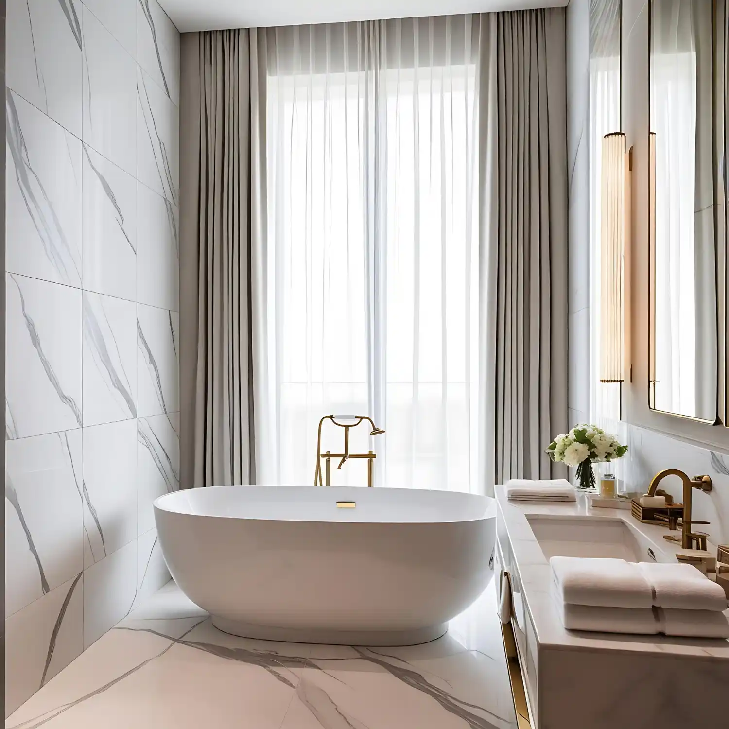 Shower curtain rod mounted high near the ceiling with a long panel skimming the floor in a tall bathroom