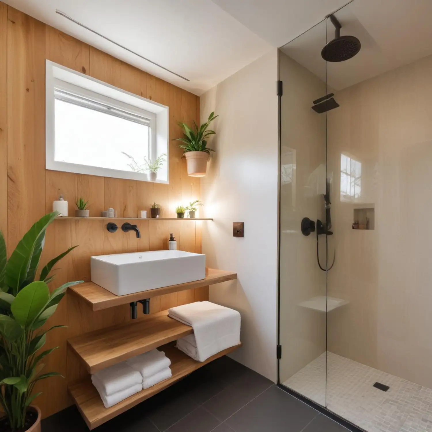 Small bathroom shower-only stall with a wide glass panel replacing a former tub
