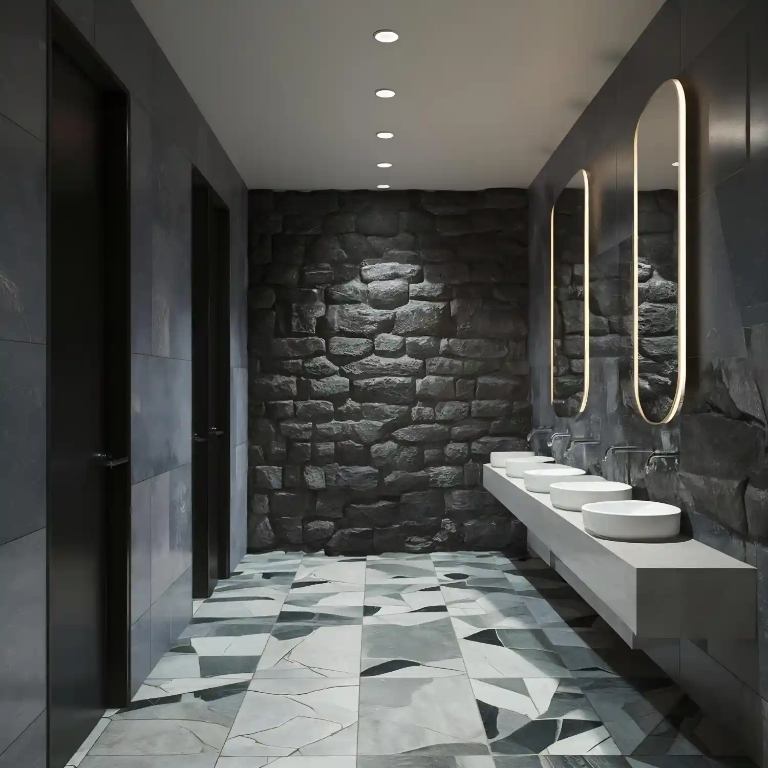 Calm shower with continuous large porcelain wall tile and minimal grout lines in warm greige
