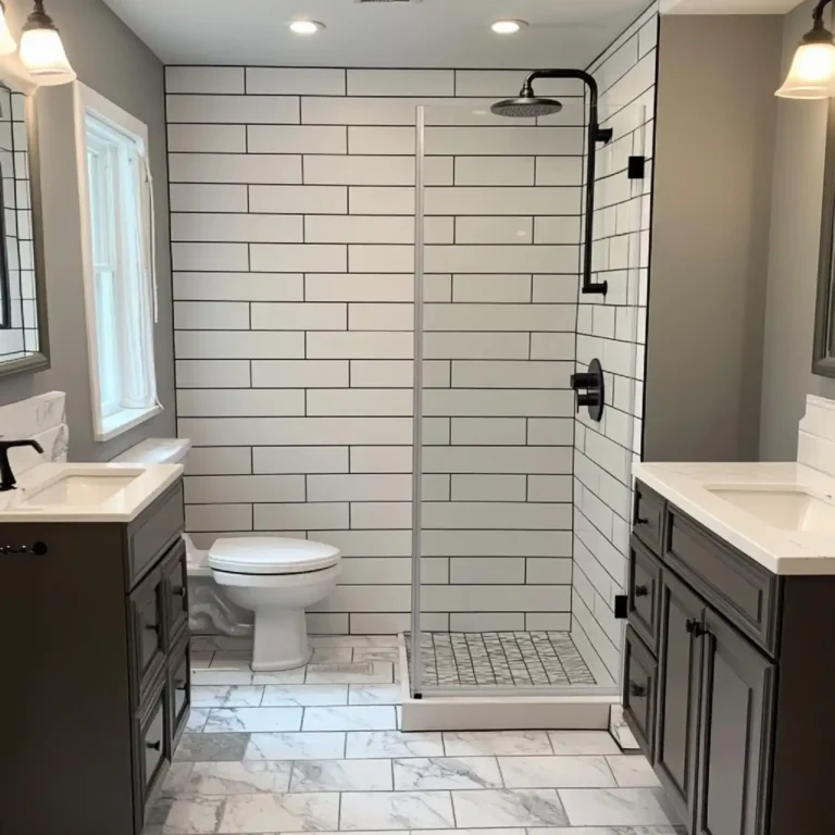 Modern walk-in shower with a single tiled feature wall, large-format porcelain, and frameless glass panel