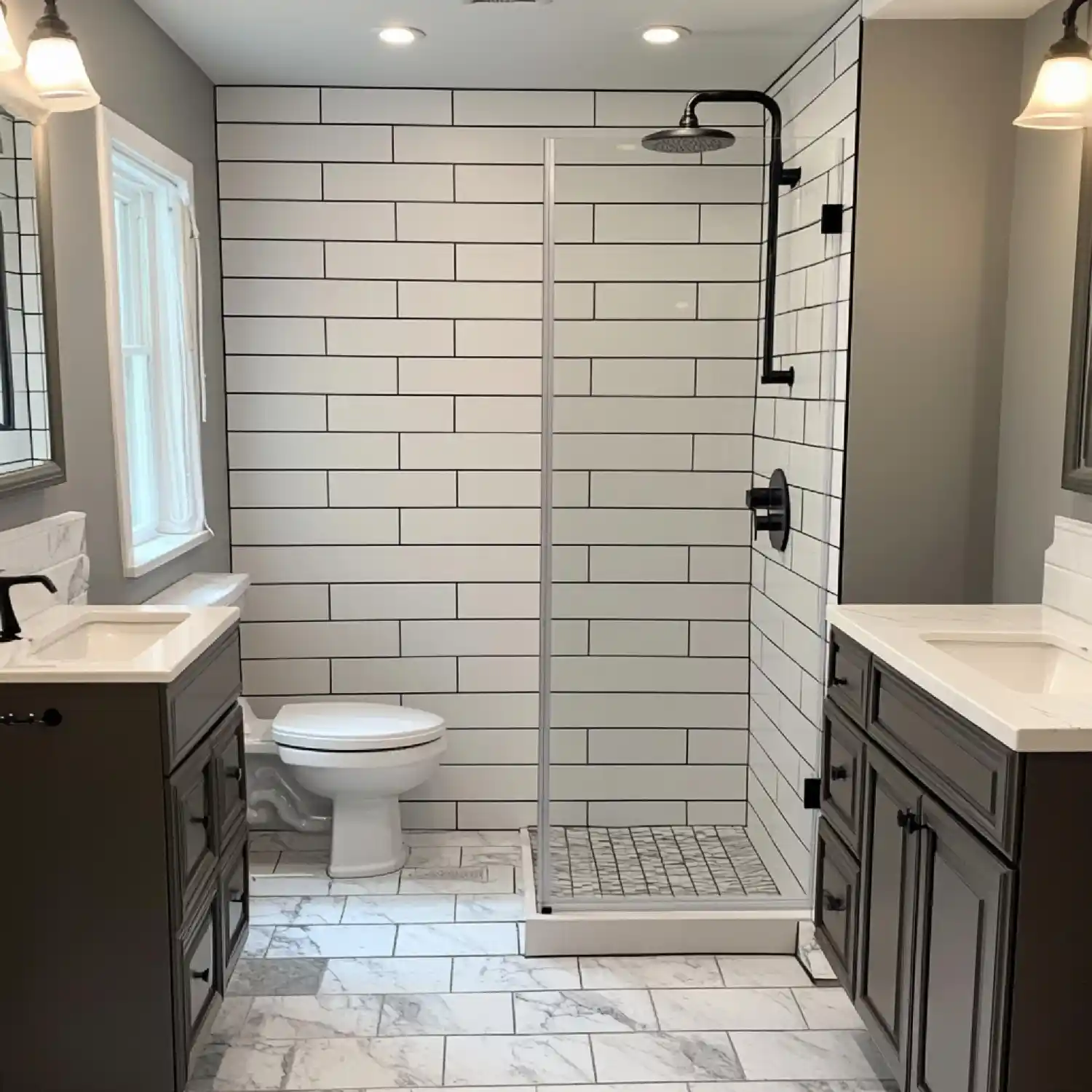 Modern walk-in shower with a single tiled feature wall, large-format porcelain, and frameless glass panel