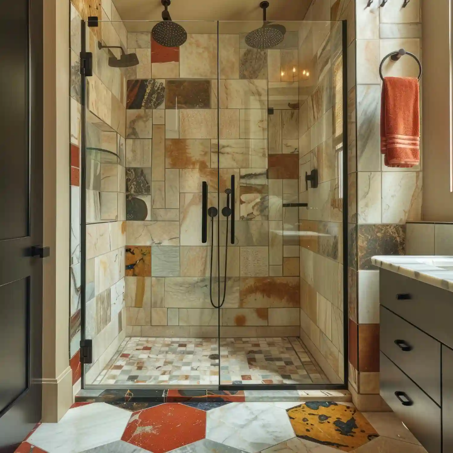 Close view of a large-format tiled shower wall showing few grout lines and a smooth surface