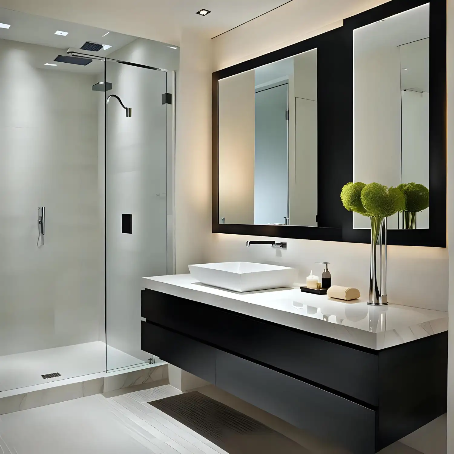 Walk-in shower with floor-to-ceiling porcelain tile, a recessed tiled niche, and dark epoxy grout lines