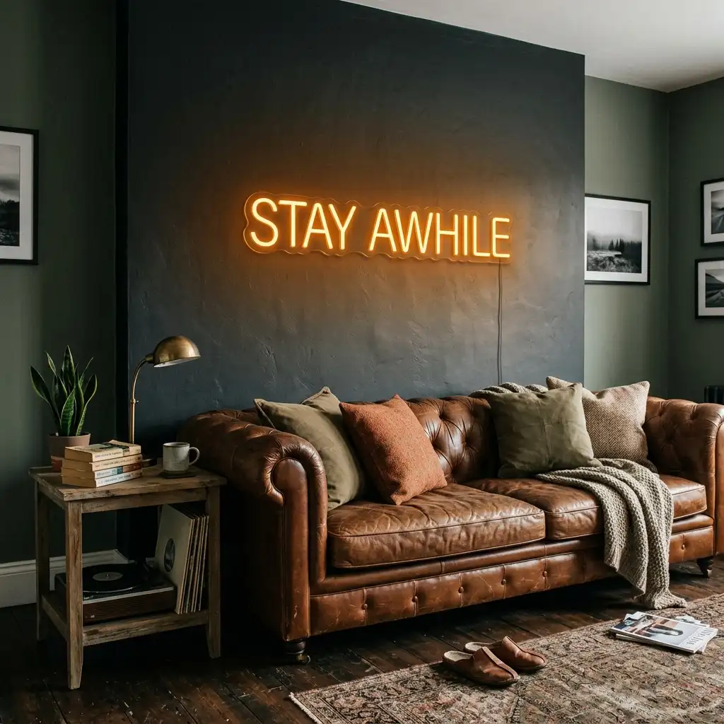 One amber LED neon sign mounted on a dark accent wall above a leather sofa