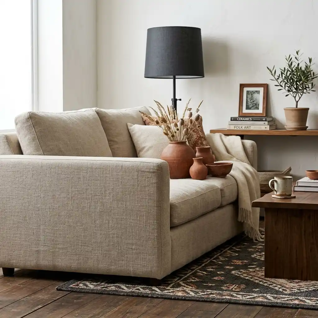Oatmeal linen sofa with terracotta ceramic vessels of dried stems, a charcoal lamp shade and a dark patterned rug